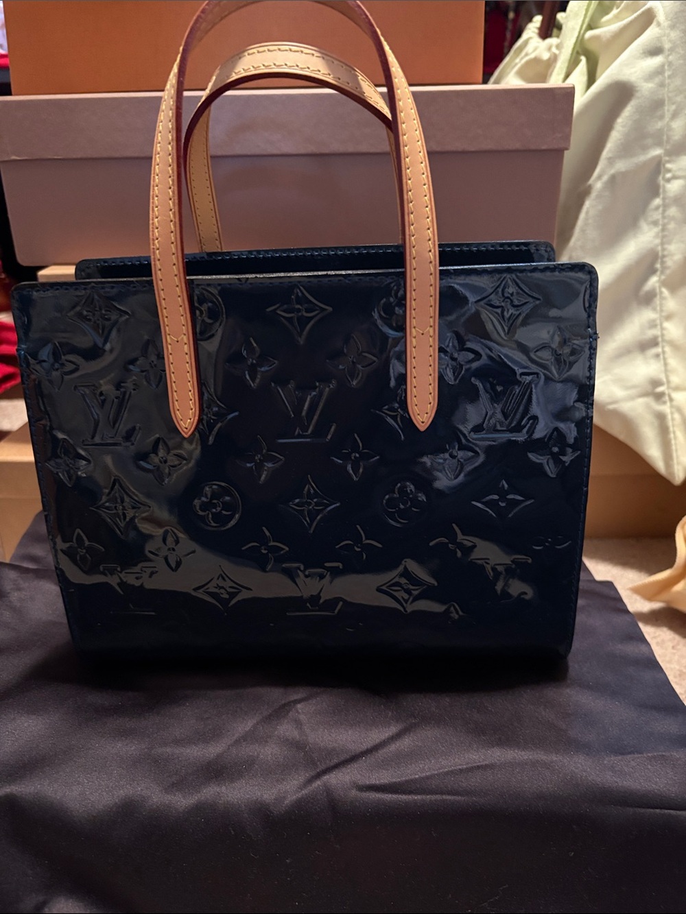 Louis Vuitton Black Patent Satchel with Tan Handles